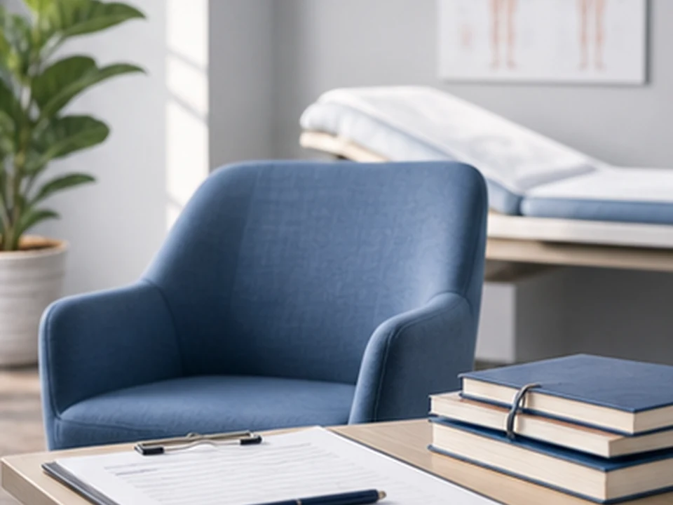 Clinical study room with chair, notes, and books