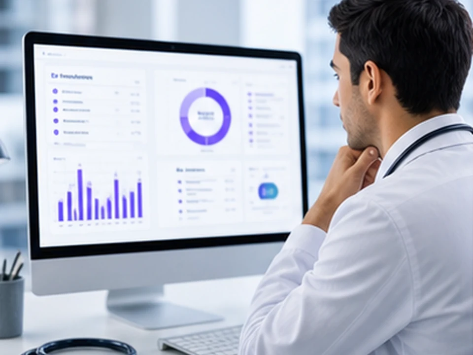 Doctor reviewing exam analytics on a desktop monitor