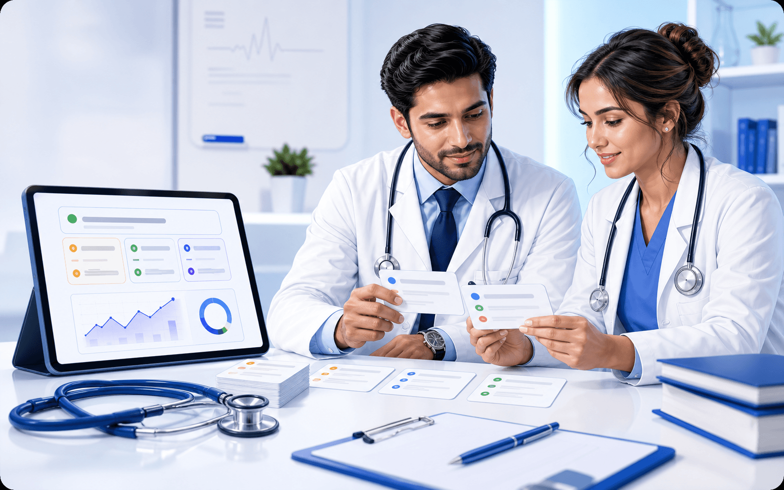 Doctors reviewing situational judgement cards in a clinical study room