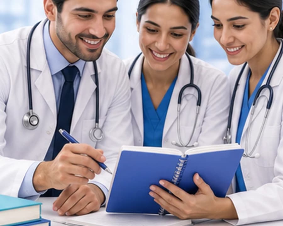 Doctors reviewing study notes together