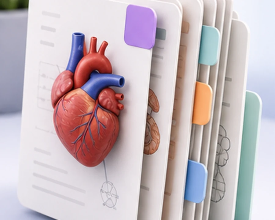 Medical flashcards with illustrated notes